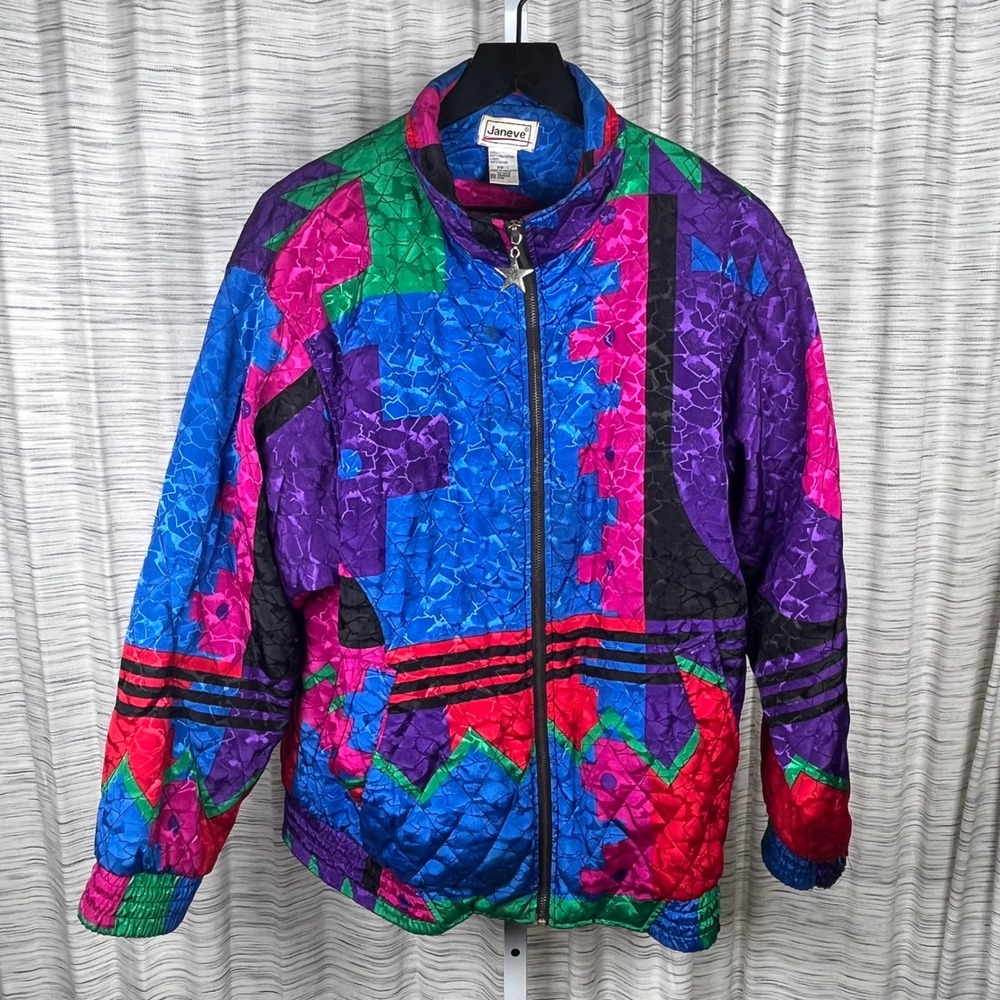 Vintage Janeve 90s Quilted Bomber Jacket Abstract Geometric Multi-Color Large